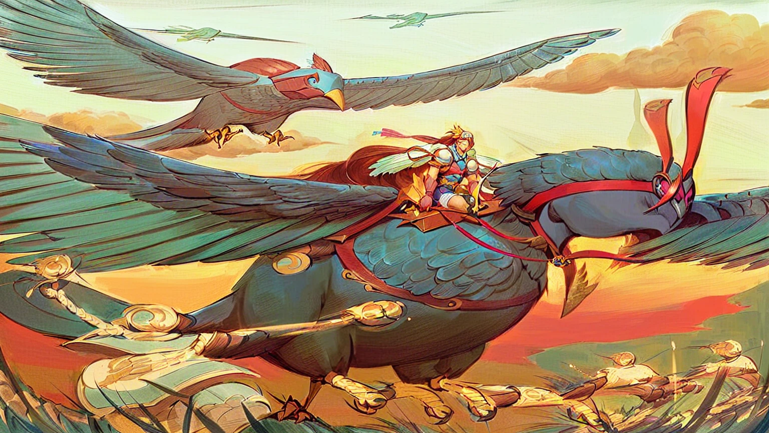 illustration of a man riding a bird with a bird on his back, Posuka Demizu, james jean and defeated Ngai, botticelli and defeated Ngai, mœbius and mohrbacher, ( ( defeated Ngai ) ), Peter Chung + mœbius + lazy, defeated Ngai! subdued colors