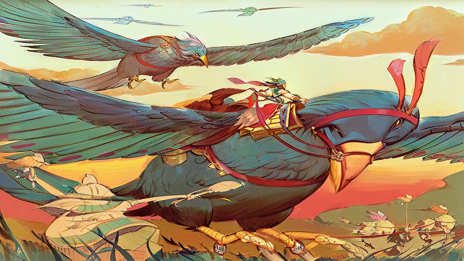 illustration of a man riding a bird with a bird on his back, Posuka Demizu, james jean and defeated Ngai, botticelli and defeated Ngai, mœbius and mohrbacher, ( ( defeated Ngai ) ), Peter Chung + mœbius + lazy, defeated Ngai! subdued colors