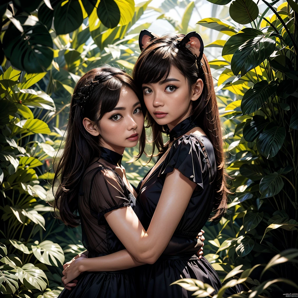 niji、eyesgod、(Jungle Adventure:1.5)、Mangrove Forest、Wearing a black dress_A woman like a leopard:1.9 and Leopard、Caution expression、Photographed from the front、Cowboy Shot、Lush tropical foliage、Dramatic lighting、Cinematic composition、Very detailed、Photorealistic、8k、masterpiece