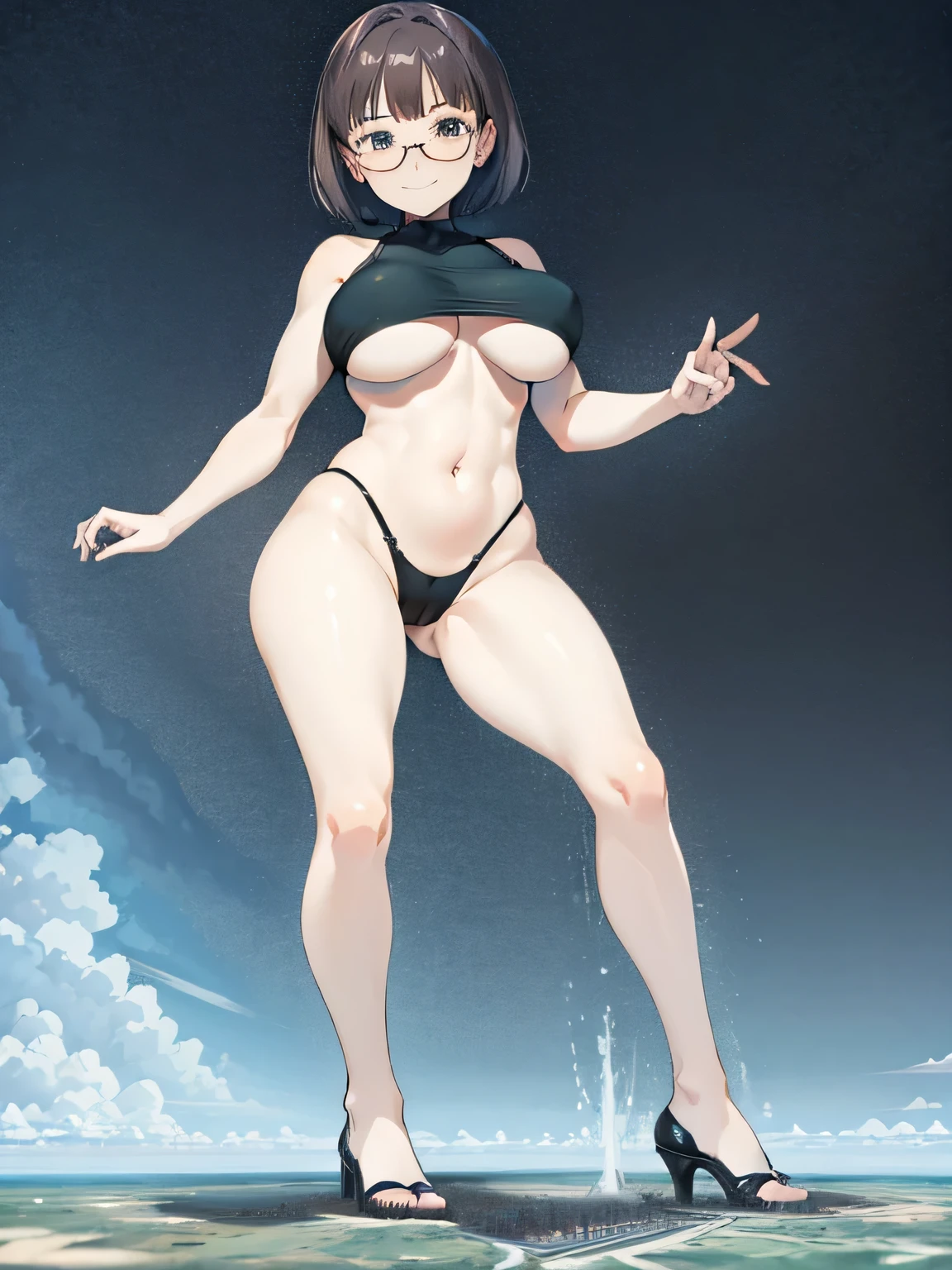 giantess art, highly detailed giantess shot, giantess, most detailed, perfect face, two legs, five fingers, short hair, beautiful girl bigger than a skyscraper, wearing rimless glasses, smiling, huge breasts, swimsuit, bikini underboob, navel, stiletto heels, under heavy attack, very small metropolis, miniature metropolis, full body depiction, GTS, giga giant, trampling city, crush city, tiny city, micro city, high resolution, best quality, masterpiece,