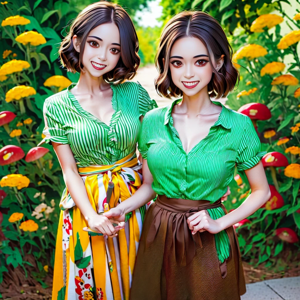 Red eyes, girl, holding a knife, yellow-green striped shirt with thicker stripes, red eyes glowing red, head tilted, short brown hair mushroom head, with a clear smile on his face, Chara, two-dimensional, standing among golden flowers with a ray of light above his head