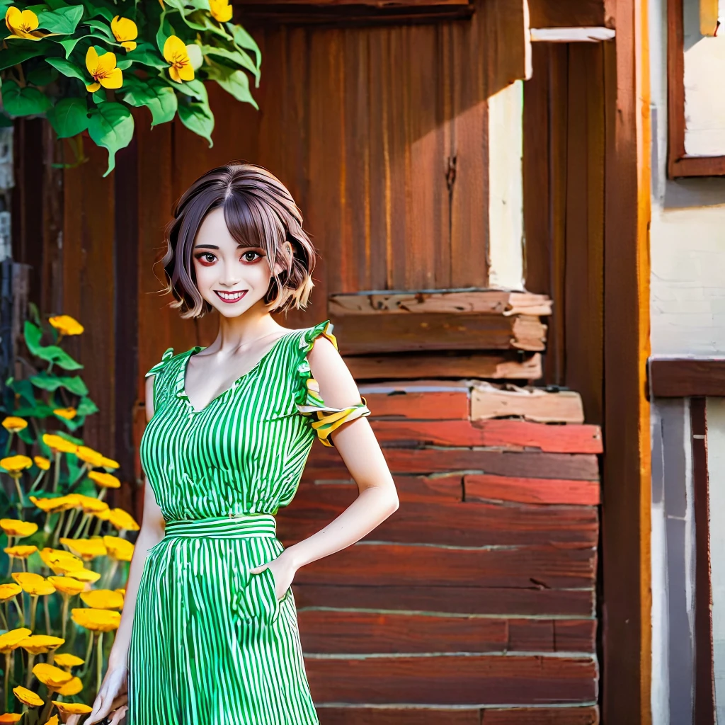 Red eyes, girl, holding a knife, yellow-green striped shirt with thicker stripes, red eyes glowing red, head tilted, short brown hair mushroom head, with a clear smile on his face, Chara, two-dimensional, standing among golden flowers with a ray of light above his head