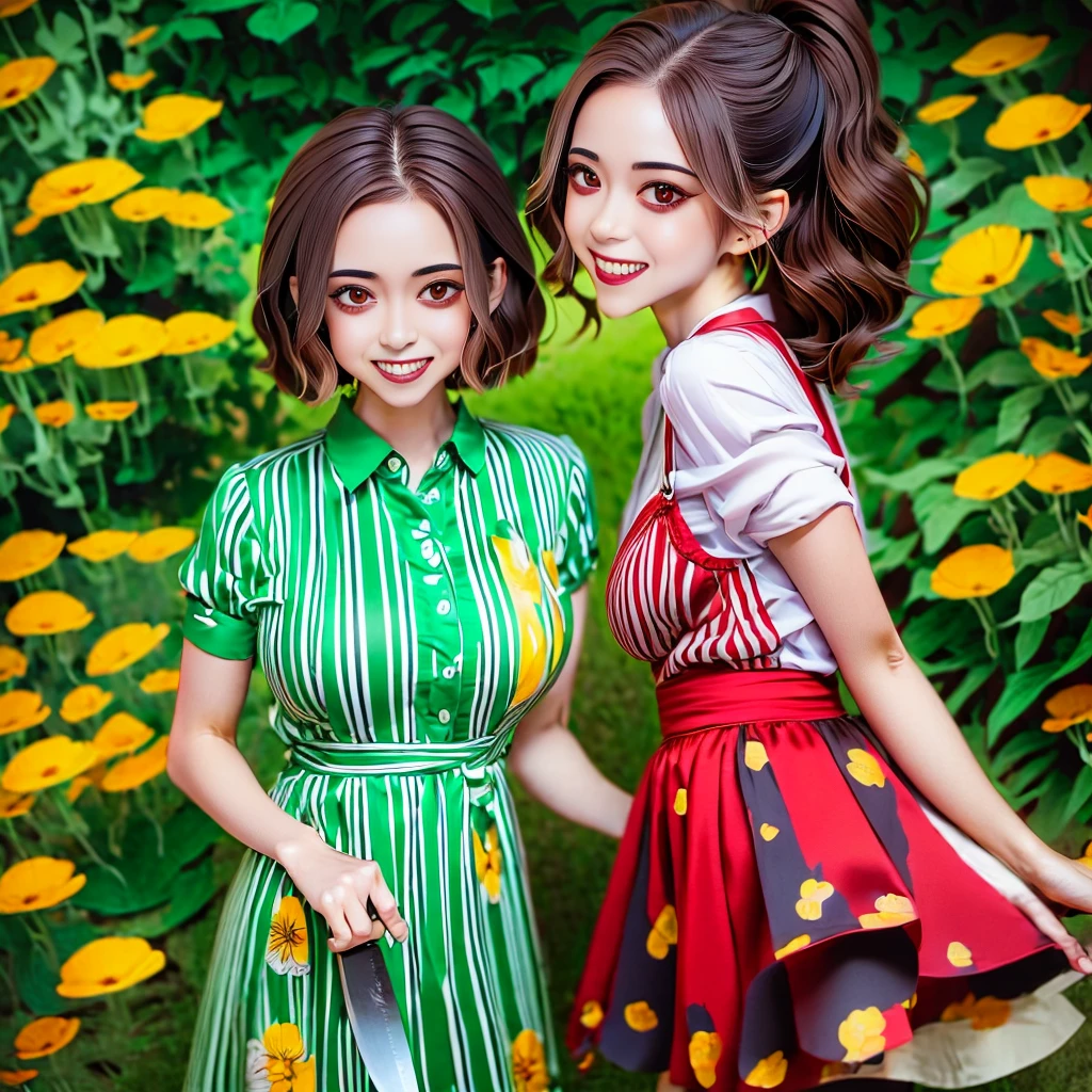 Red eyes, girl, holding a knife, yellow-green striped shirt with thicker stripes, red eyes glowing red, head tilted, short brown hair mushroom head, with a clear smile on his face, Chara, two-dimensional, standing among golden flowers with a ray of light above his head