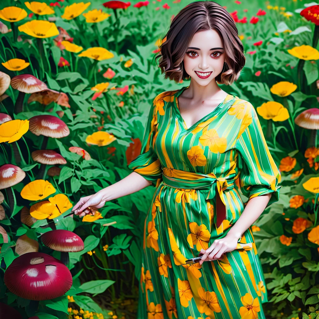 Red eyes, girl, holding a knife, yellow-green striped shirt with thicker stripes, red eyes glowing red, head tilted, short brown hair mushroom head, with a clear smile on his face, Chara, two-dimensional, standing among golden flowers with a ray of light above his head