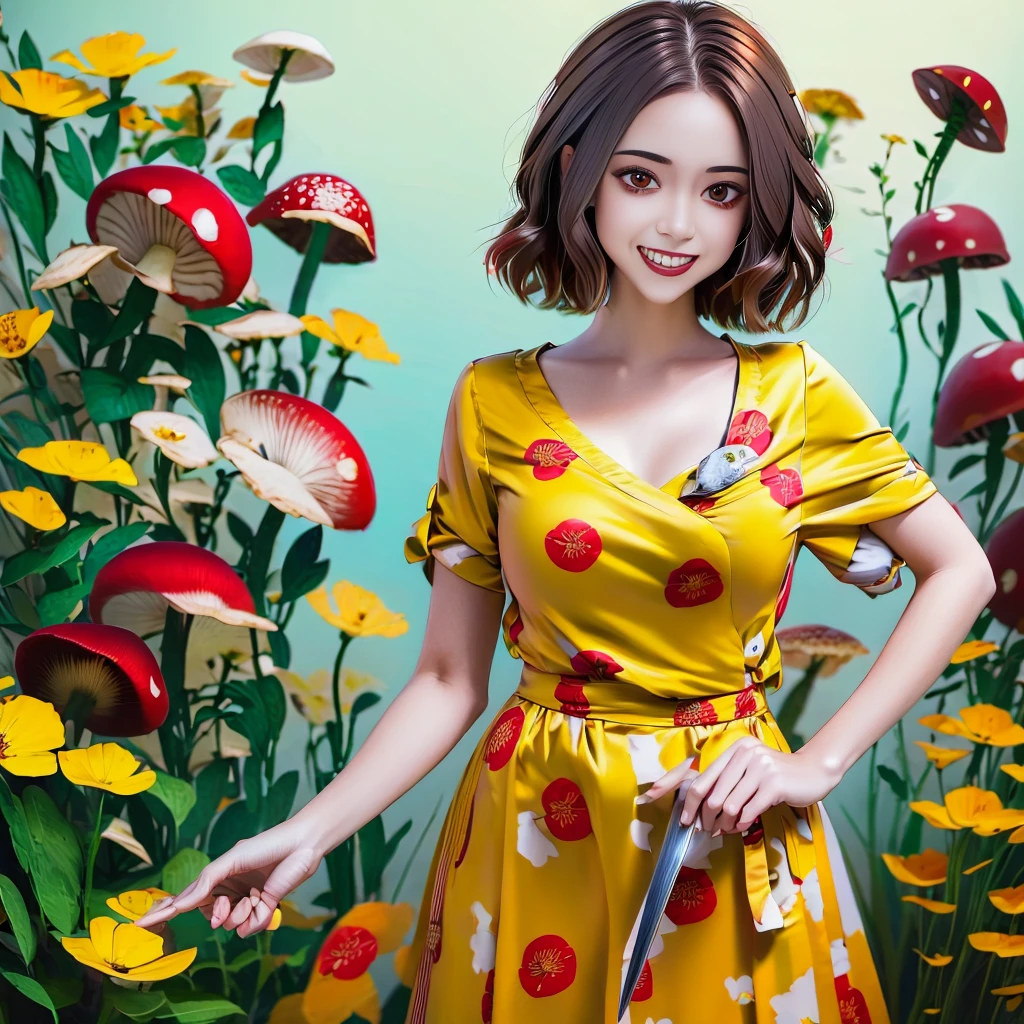 Red eyes, girl, holding a knife, yellow-green striped shirt with thicker stripes, red eyes glowing red, head tilted, short brown hair mushroom head, with a clear smile on his face, Chara, two-dimensional, standing among golden flowers with a ray of light above his head