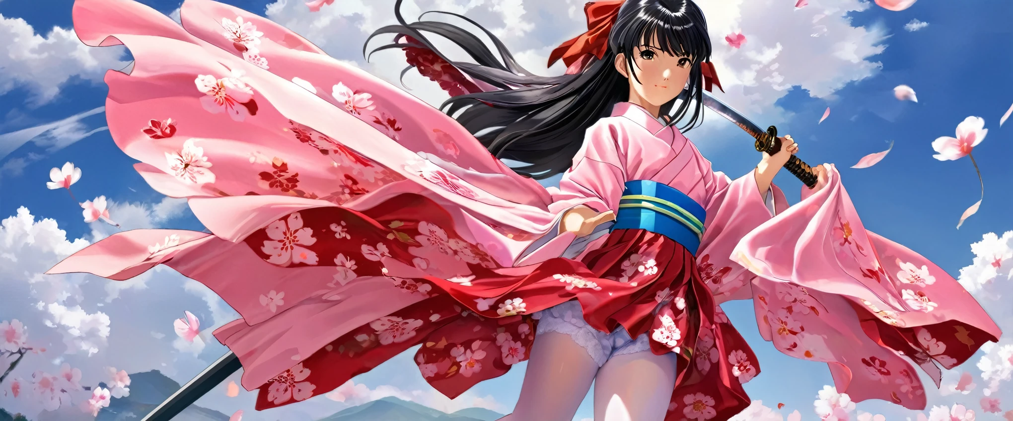10 year old girl underwear, sakura shinguuji、Realistic bloomers made from patterned cotton fabric, Kimono and Hakama, Fabric Realism, Low Angle, I see bloomers, Pull up the dress by hand, Strong winds, Translucent slip, Translucent slip, tights, Highest quality, whole body、Black Hair、Holding a sword、Big ribbon in hair