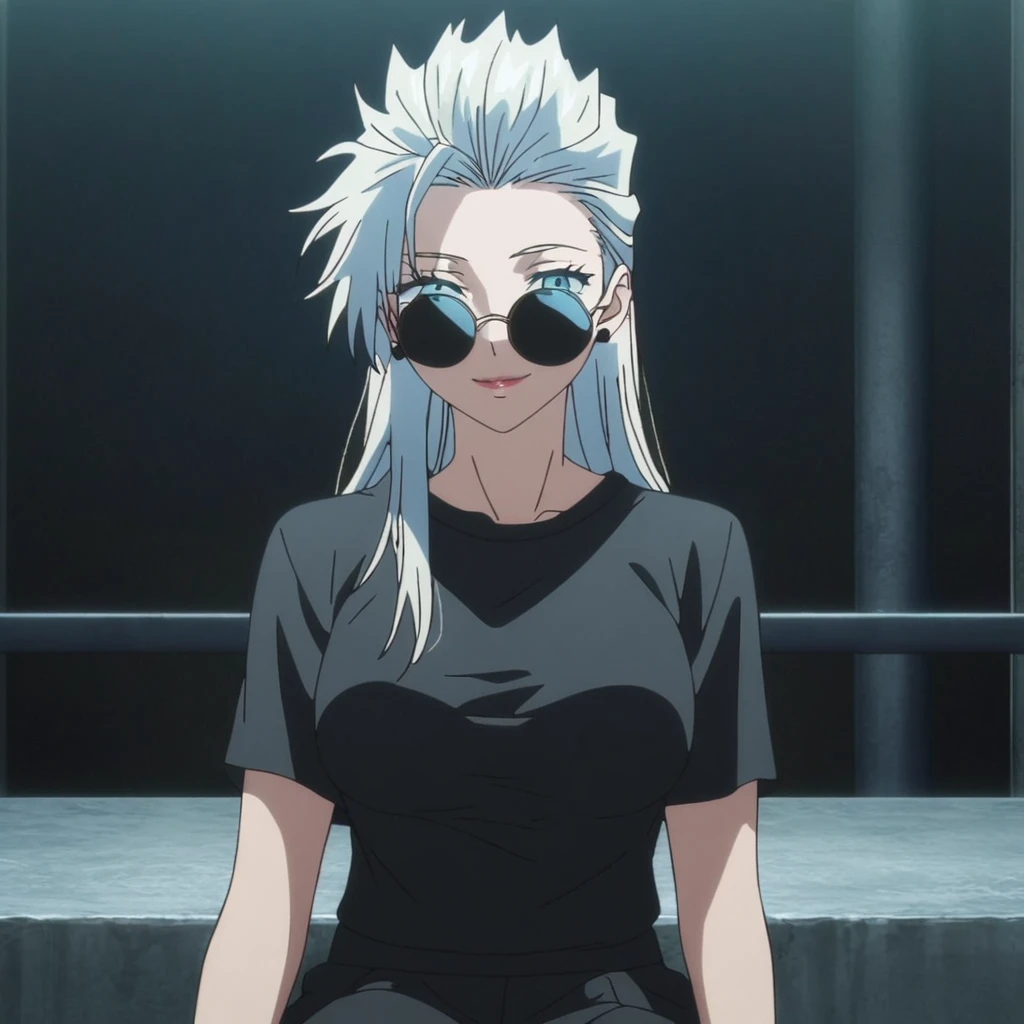 1girl, female gojo satoru, anime screencap from jujutsu kaisen, gojo satoru female version, solo, long_hair , ((wearing round sunglasses)) ((White_hair, hair slicked from one side)), night view, (hanging breasts) upper_body, smile, dark room, lips, (long hair) ((wearing black colour t shirt and pant)) breast, "very detailed and high resolution" ((solo)) (((front view))) (earings) ((high resolution)) ((good quality)) ((silky hair, hair slicked from one side)) ((sitting))