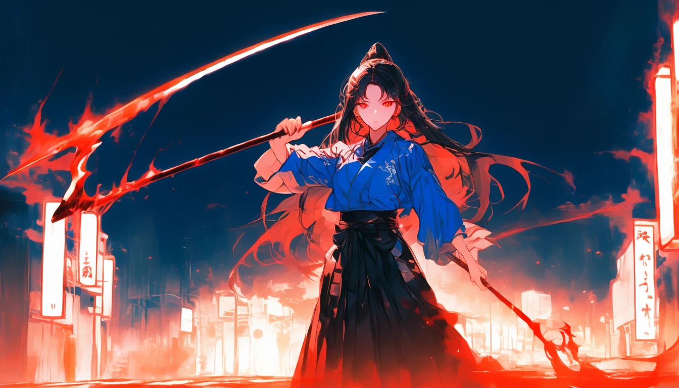 Long black hair,Red-eyed teenage man,Standing on a deserted street at night,Extremely detailed,Blue jacket,Black Hakama,Holding a giant blood-colored scythe in one hand,military,Japanese Style