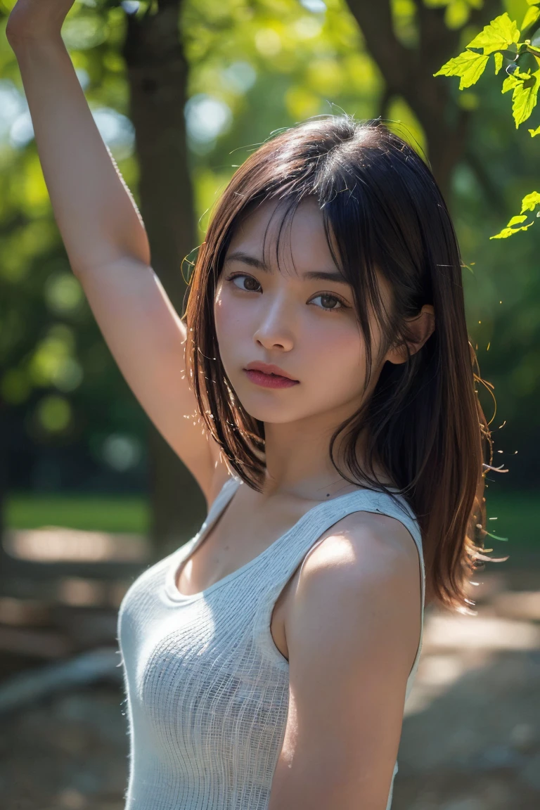 (Highest quality:1.4),(masterpiece:1.4),(Realistic:1.4),(Realistic:1.2),(超High resolution, RAW Photos:1.4),(High resolution, Ultra-detailed:1.2),(8k:1.2),Cinematic photography,a photo of a dark-haired,One girl,alone,wear ,((Japanese female warrior))、((Upper Body:1.3))、Raise your arms to show your sides、((Raise your arms to show your sides))、In the park