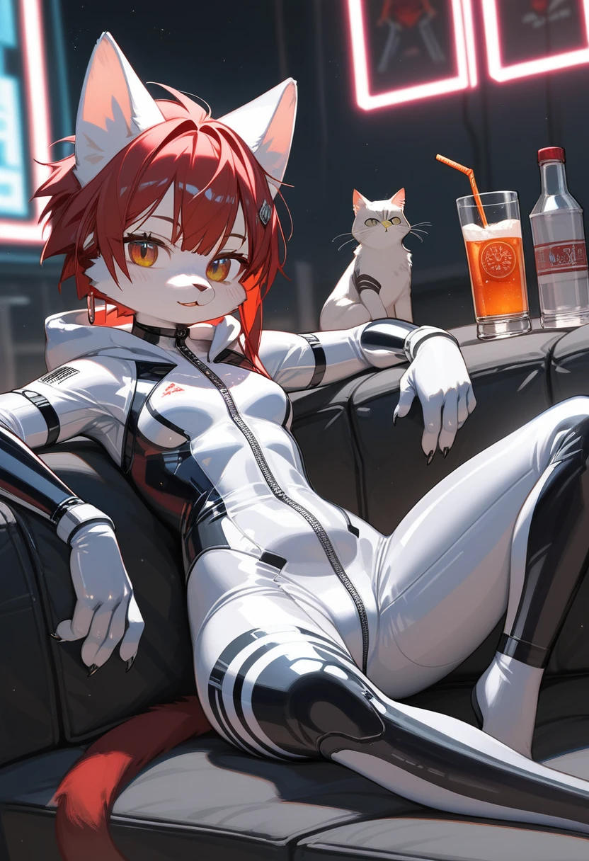 Highest quality, Highest quality, High quality illustrations, masterpiece, Ultra-high resolution, Detailed Background, room, Absurd, Perfect Anatomy, performance, Good lighting, Shadows in the movies(kemono, Furry PersonifiCation), Cat, Red Hair, Rubber Suit, latex, neon, neonライト, neonカラー, Bodysuits, Cyber Suit, cyber punk, White Rubber Hoodie, Sit on the sofa, Drink a bottle, Earrings, Tattoo, Dynamic Angle