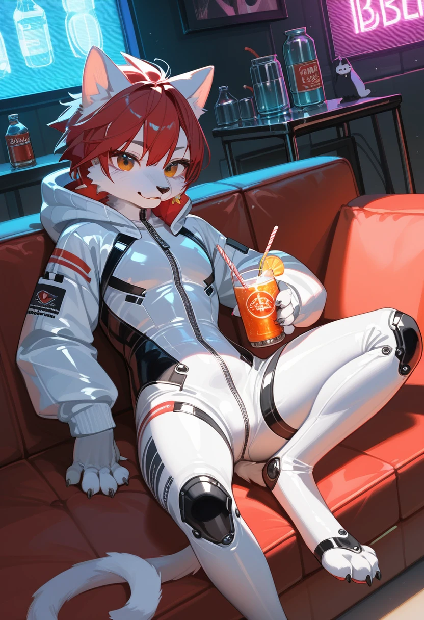 Highest quality, Highest quality, High quality illustrations, masterpiece, Ultra-high resolution, Detailed Background, room, Absurd, Perfect Anatomy, performance, Good lighting, Shadows in the movies(kemono, Furry PersonifiCation), Cat, Red Hair, Rubber Suit, latex, neon, neonライト, neonカラー, Bodysuits, Cyber Suit, cyber punk, White Rubber Hoodie, Sit on the sofa, Drink a bottle, Earrings, Tattoo, Dynamic Angle