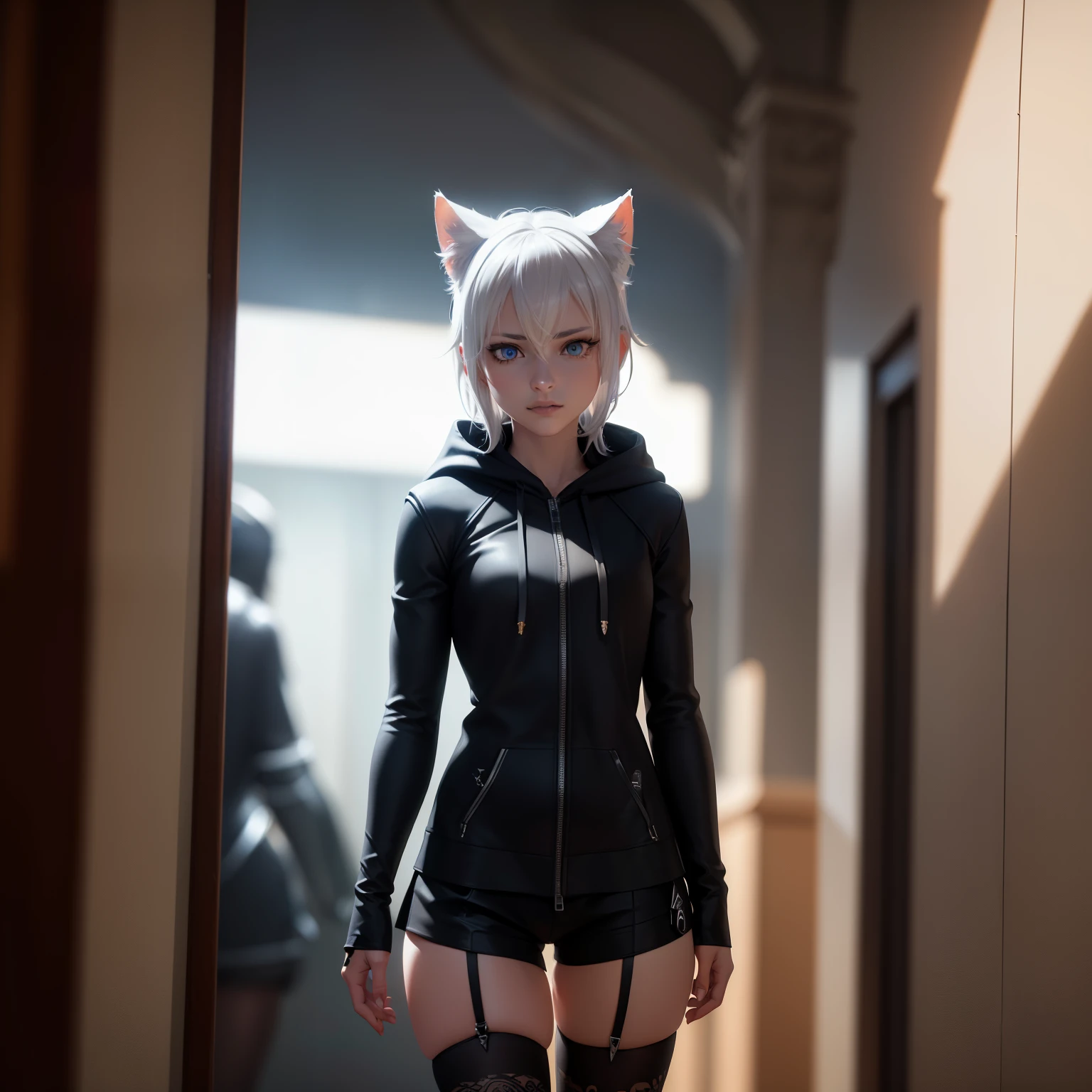 1 girl, character with cat ears, silver hair, short hair, beautiful detailed eyes, beautiful detailed lips, extremely detailed eyes and face, long eyelashes, wearing black hooded outfit, thigh-high stockings, garters, short shorts, (best quality,4k,8k,highres,masterpiece:1.2),ultra-detailed,(realistic,photorealistic,photo-realistic:1.37),concept art, fantasy, cinematic lighting, dramatic shadows You decided to wear a hoodie and covered your body, hiding yourself Rey 