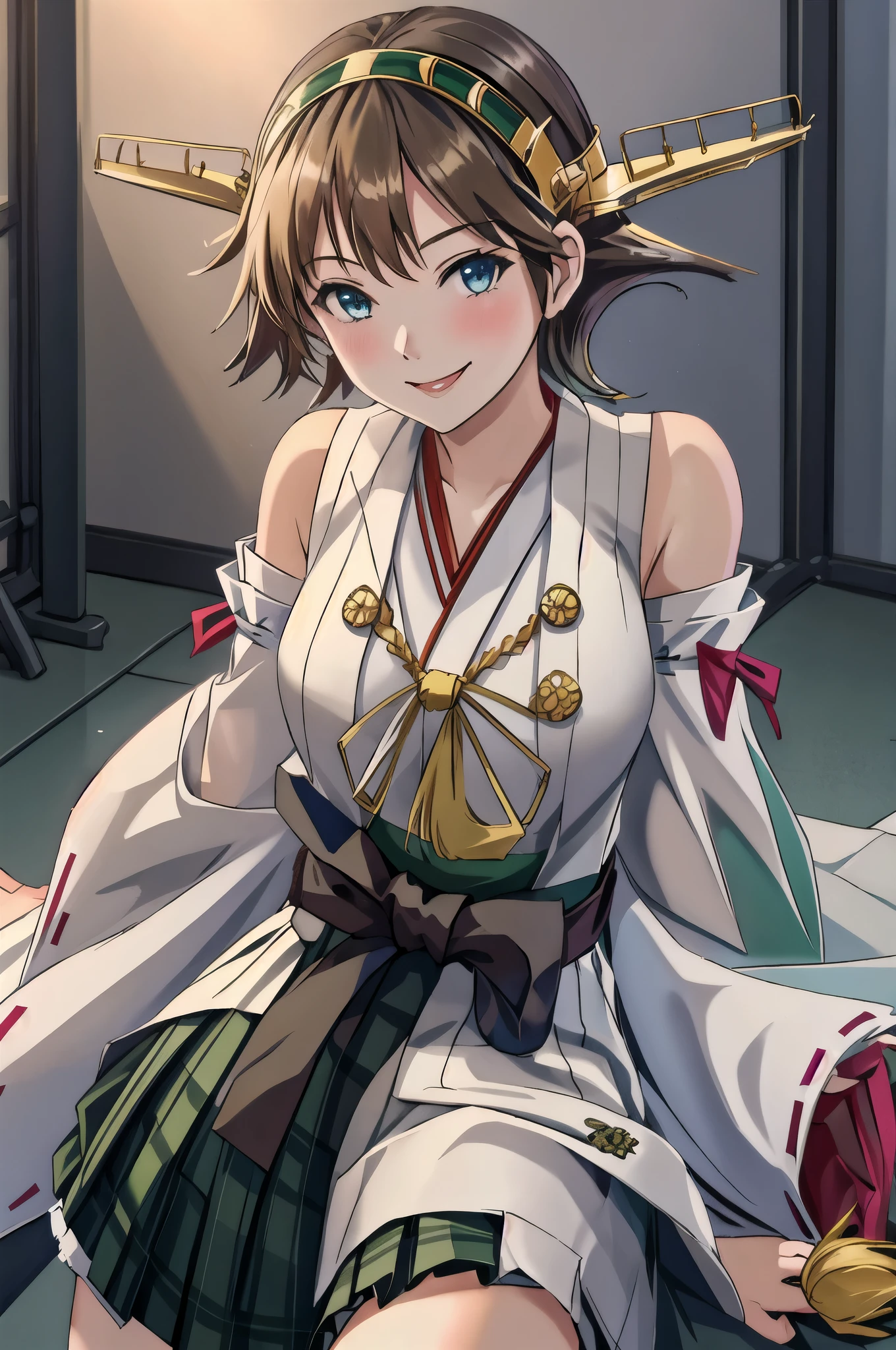 Highest quality, masterpiece, High resolution, alone, {Mount Hiei_Fleet Collection:1.15}, オレンジ色hair, hairband, headgear, Non-traditional_Shrine maiden, smile, green_eye, Inverted up_hair, smile, One Girl, dependent_sleeve, green_skirt, Plaid, Plaid_skirt, ribbon-trimmed_sleeve, ribbon_trim, skirt, Office Background, 