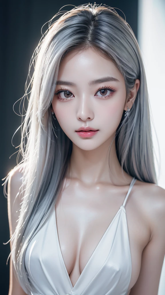 ((Top quality, masterpiece, 8K, best image quality, ultra-high resolution), TWICE tzuyu, Korean beauty, silver hair, long hair, small face, fair skin, narrow eyes, slanted eyes, slender, big breasts, sex appeal, lustrous, mature