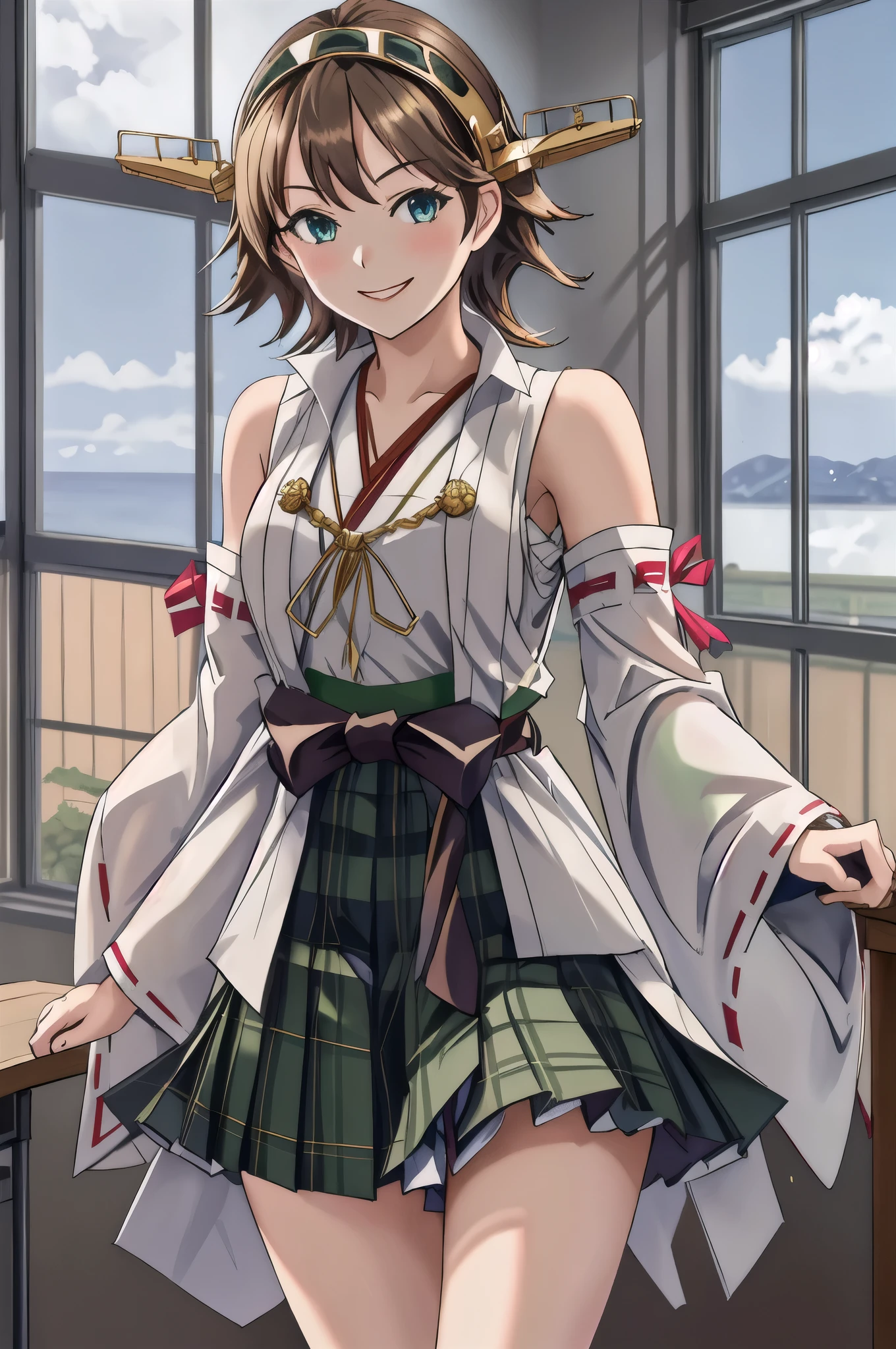 Highest quality, masterpiece, High resolution, alone, {Mount Hiei_Fleet Collection:1.15}, オレンジ色hair, hairband, headgear, Non-traditional_Shrine maiden, smile, green_eye, Inverted up_hair, smile, One Girl, dependent_sleeve, green_skirt, Plaid, Plaid_skirt, ribbon-trimmed_sleeve, ribbon_trim, skirt, Office Background,
