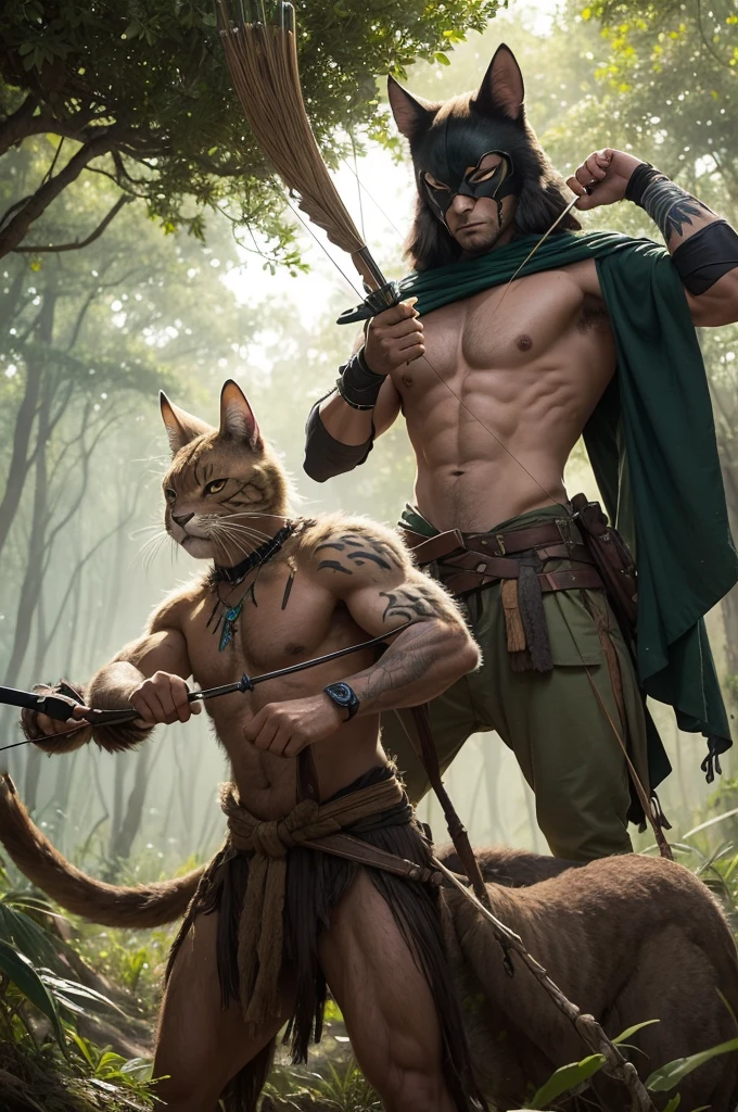 Create an image of the orixá Oxóssi, blacksad, stark, Hunter, with green indigenous trages showing their muscles, with bow and arrow in hand, gazing, inside the forest, ready to hunt. The image will be used for a tattoo