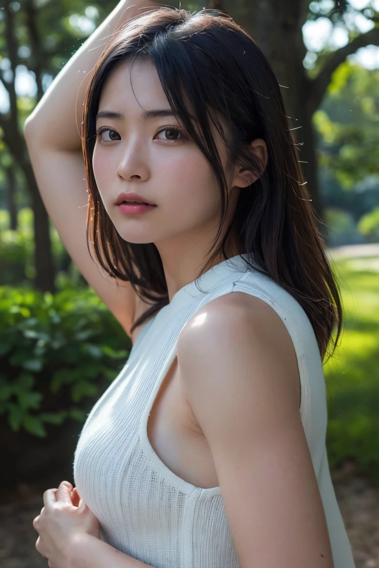 (Highest quality:1.4),(masterpiece:1.4),(Realistic:1.4),(Realistic:1.2),(超High resolution, RAW Photos:1.4),(High resolution, Ultra-detailed:1.2),(8k:1.2),Cinematic photography,a photo of a dark-haired,One girl,alone,wear ,((Japanese female warrior))、((Upper Body:1.3))、Raise your arms to show your sides、((Raise your arms to show your sides))、In the park