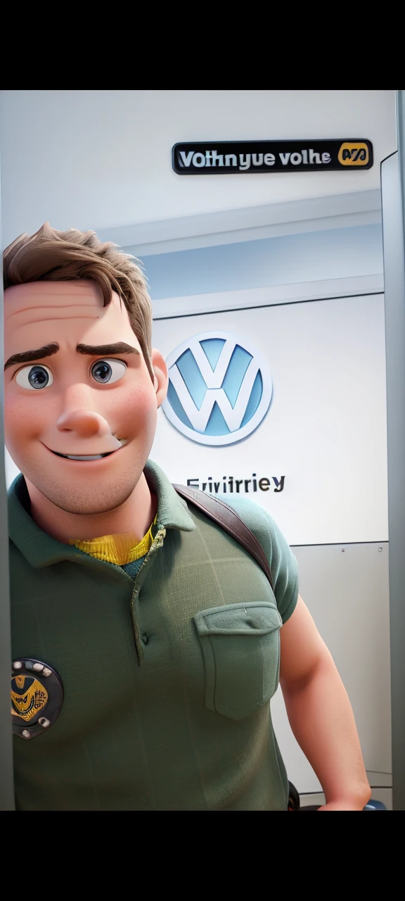 Disney Pixar 3D, high qualiy, young brunette man, firefighter, Volkswagen logo on the back 