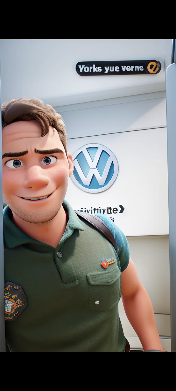 Disney Pixar 3D, high qualiy, young brunette man, firefighter, Volkswagen logo on the back 