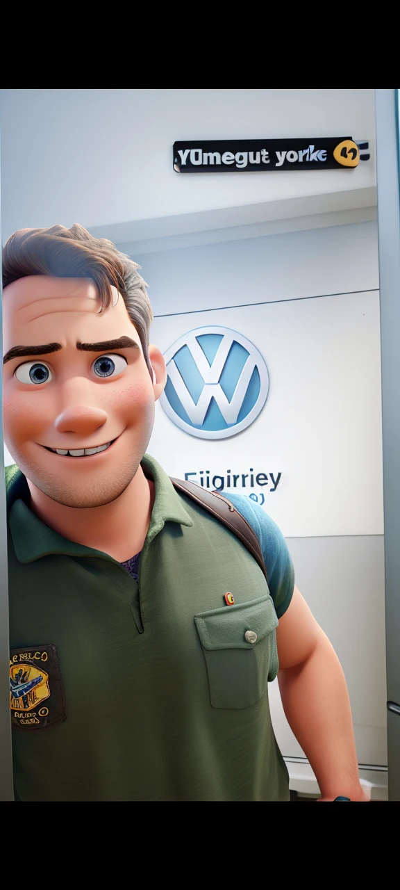 Disney Pixar 3D, high qualiy, young brunette man, firefighter, Volkswagen logo on the back