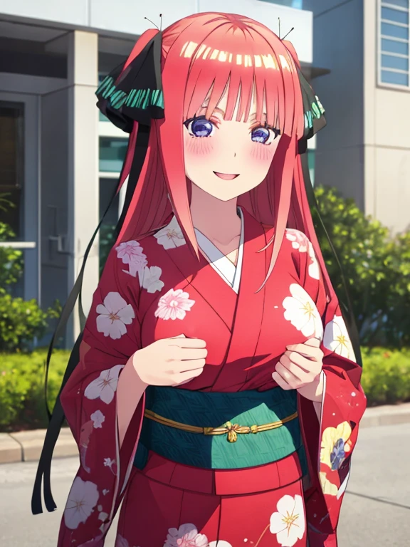 best quality, insanely detailed, nino nakano, kimono, breasts, blush, outdoor background, smile, pussy