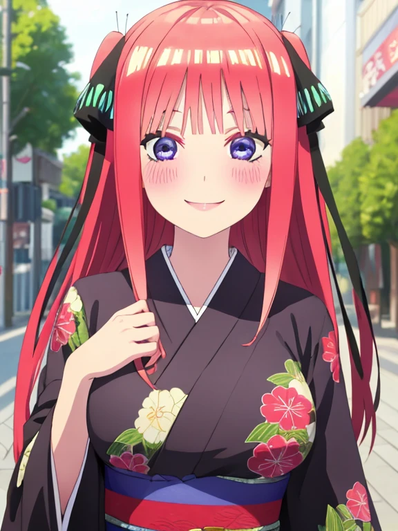 best quality, insanely detailed, nino nakano, kimono, breasts, blush, outdoor background, smile, pussy