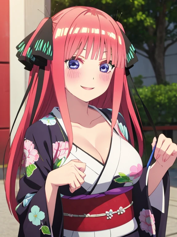 best quality, insanely detailed, nino nakano, kimono, breasts, blush, outdoor background, smile, pussy