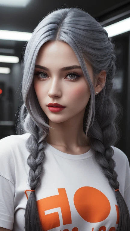 facial woman perfect very,eyes blue and lips red,her hair gray longest very with hairstyles braid, extremely long hair, muscle building body her,her big very,her wear a tshirt orange and her wear a jeans black , perfect face, realisian model, turbo v2 style, quality (ultra detailed, high quality, 8k, cinematic), lighting ((cinematic))