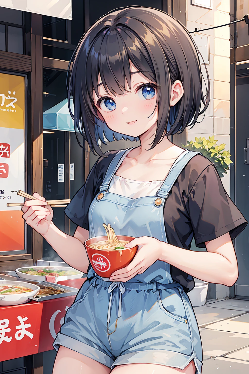 Photorealistic、Highest quality、Highest Resolution、Highest quality、8K、1人のBeautiful woman、Beautiful woman、Beautiful woman、cute、Bob cut hair、Dark Hair Color、Pale blue eyes、Casual Style、黒のcuteノースリーブ、Light blue shorts、cute厚底サンダル、smile、looks fun、sunny、Ramen shop、Eat ramen、Slurping ramen