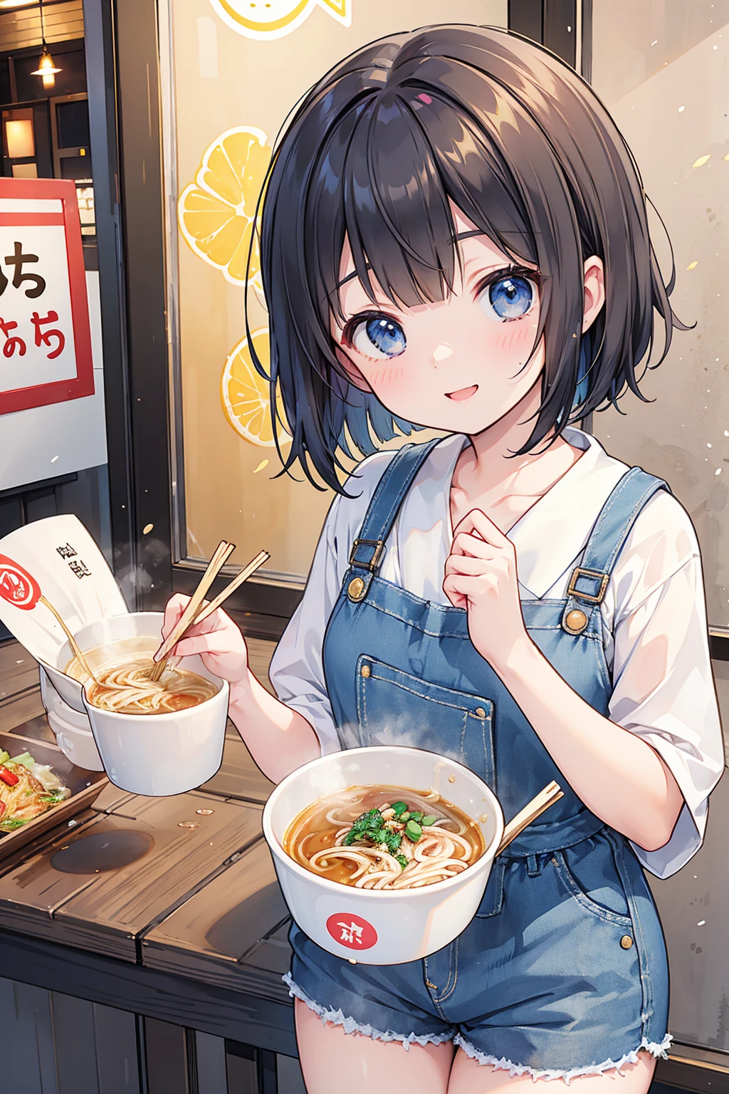 Photorealistic、Highest quality、Highest Resolution、Highest quality、8K、1人のBeautiful woman、Beautiful woman、Beautiful woman、cute、Bob cut hair、Dark Hair Color、Pale blue eyes、Casual Style、黒のcuteノースリーブ、Light blue shorts、cute厚底サンダル、smile、looks fun、sunny、Ramen shop、Eat ramen、Slurping ramen