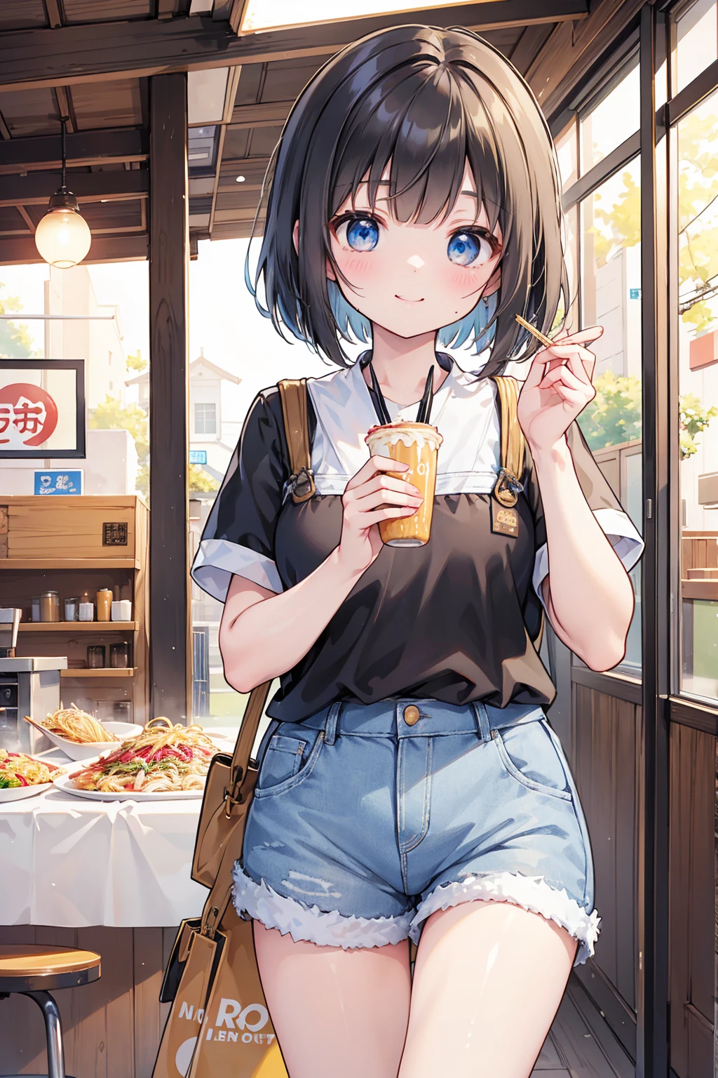 Photorealistic、Highest quality、Highest Resolution、Highest quality、8K、1人のBeautiful woman、Beautiful woman、Beautiful woman、cute、Bob cut hair、Dark Hair Color、Pale blue eyes、Casual Style、黒のcuteノースリーブ、Light blue shorts、cute厚底サンダル、smile、looks fun、sunny、Ramen shop、Eat ramen、Slurping ramen