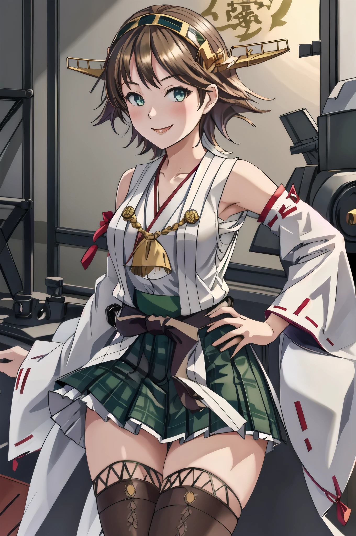 Highest quality, masterpiece, High resolution, alone, {Mount Hiei_Fleet Collection:1.15}, オレンジ色hair, hairband, headgear, Non-traditional_Shrine maiden, smile, green_eye, Inverted up_hair, smile, One Girl, dependent_sleeve, green_skirt, Plaid, Plaid_skirt, ribbon-trimmed_sleeve, ribbon_trim, skirt, Office Background, 