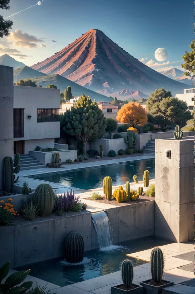 Multiple houses, brutalism style, Luis Barragán, Mountains in background, river, pool, terraces, stairs, garden terraces, trees, beautiful clouds, moon, sun, detailed, cacti, boulders, volcanic rocks, fuggy, river, lake, Violet, orange, olive green, blue, magenta, amazing volcano in horizont, beautiful garden design