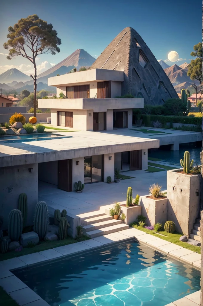Multiple houses, brutalism style, Luis Barragán, Mountains in background, river, pool, terraces, stairs, garden terraces, trees, beautiful clouds, moon, sun, detailed, cacti, boulders, volcanic rocks, fuggy, river, lake, Violet, orange, olive green, blue, magenta, amazing volcano in horizont, beautiful garden design
