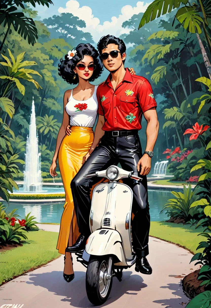 A retro comic cover, classic comic. 1980’s comic title “from TAIPING with LOVE”. A very skinny Malay man wears flowers shirt with black pants, wearing black leather shoes. he has a big crest hair, wear Wayfarer Rayban sunglasses. a malay very fat woman wearing red baju kurung, wear Marilyn Monroe 60’s sunglasses, a curly afro hair style, the couple riding a white classic vespa . background of tropical forest lake garden with a fountain in the middle of the lake.