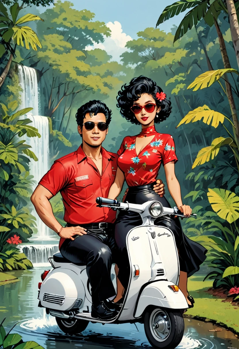 A retro comic cover, classic comic. 1980’s comic title “from TAIPING with LOVE”. A very skinny Malay man wears flowers shirt with black pants, wearing black leather shoes. he has a big crest hair, wear Wayfarer Rayban sunglasses. a malay very fat woman wearing red baju kurung, wear Marilyn Monroe 60’s sunglasses, a curly afro hair style, the couple riding a white classic vespa . background of tropical forest lake garden with a fountain in the middle of the lake.