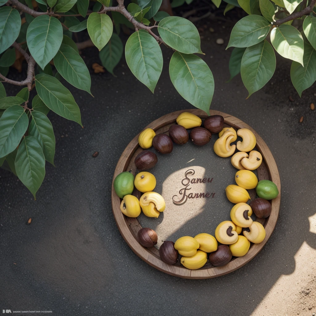 natural elements:Cashew tree: A stylized cashew tree can be the central element, with branches that form a circular or oval design around the name.Cashew fruits: Add some cashew fruits around the name or as part of the background.Typography:cursive font: Use a cursive font to give a more organic and natural feel.Robust source: Pair with a bolder, more legible font to ensure the name is easy to read.colors:green and brown: Use shades of green and brown to represent nature and the cashew tree.yellow and red: Add touches of yellow and red to represent cashew fruits.format:emblem: Create an emblem with the cashew tree in the center and the name "Genazar do Cashew tree" in a circle around.Horizontal line: Place the name in a horizontal line with a stylized cashew tree or cashew fruit next to or above.