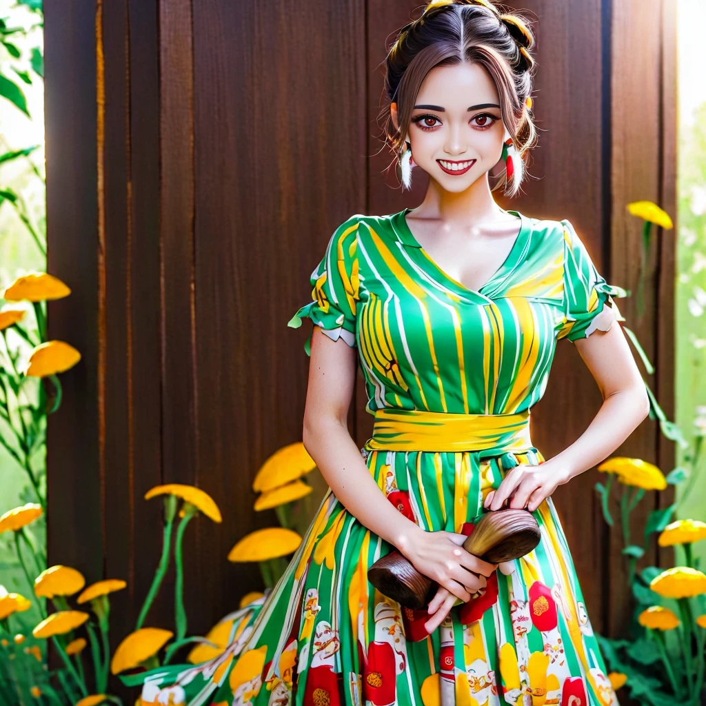 Red eyes, girl, holding a knife, yellow-green striped shirt with thicker stripes, red eyes glowing red, head tilted, short brown hair mushroom head, with a clear smile on his face, Chara, two-dimensional, standing among golden flowers with a ray of light above his head