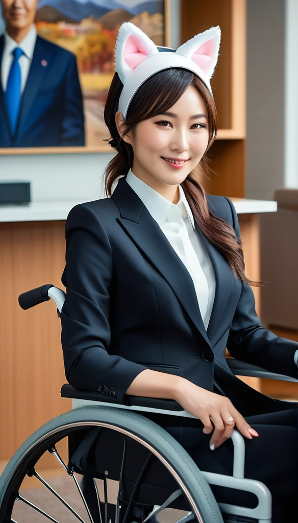 Realistic photo style. 30 year old Japanese young looking beautiful woman. She is wearing a women's suit. In bright light. Shy smile. She is in a luxurious white motorized wheelchair. Background is a politician's office. She wears toy cat ears on her head as a catsuit, shyly.
