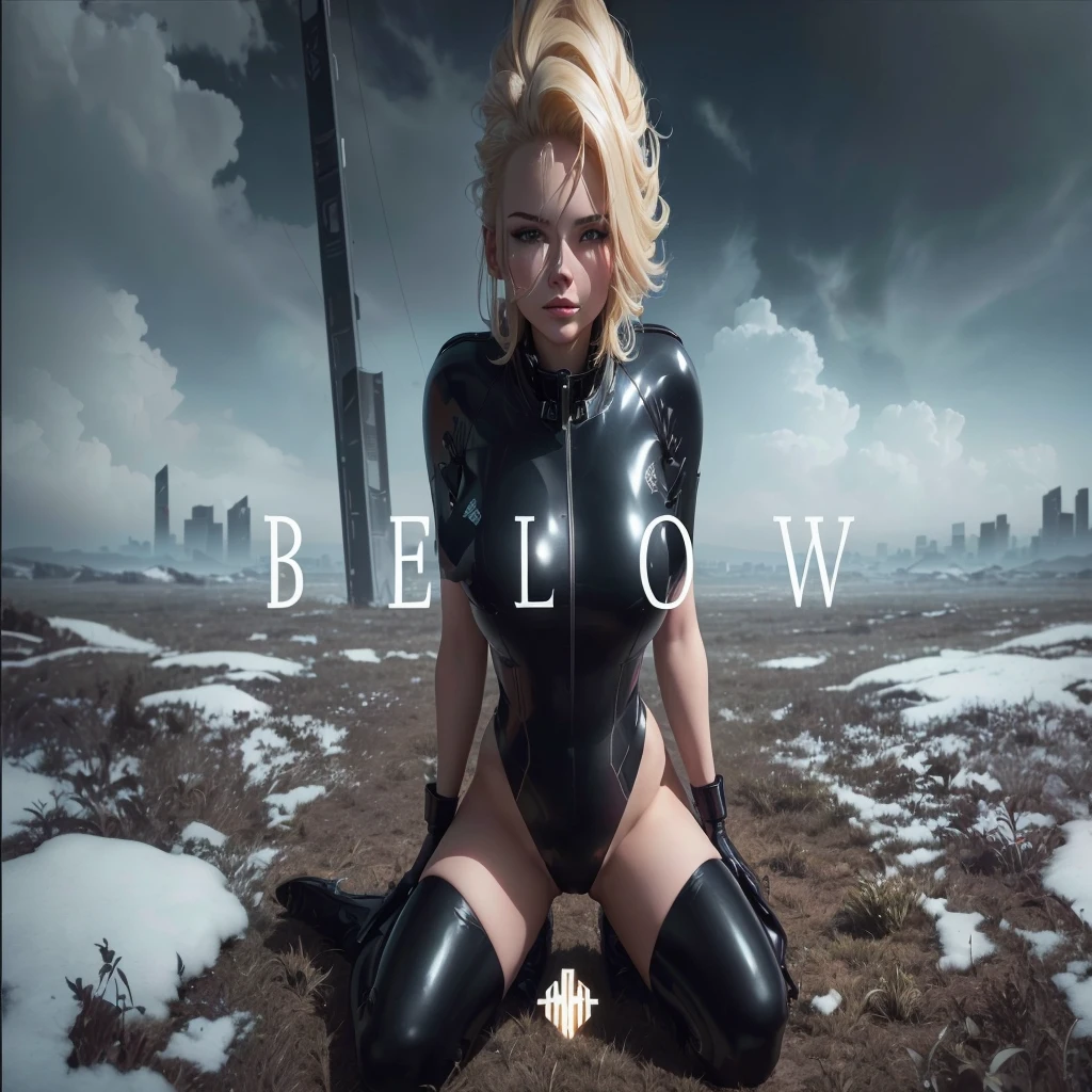 blonde woman in latex posing in a field with sky background, astronaut below, from low, yelena belova, anton fadeev 8k, below just empty dark cloud, por Boleslaw Cybis, city below, show from low, low vision, artgerm julie bell beeple, behind her there is a scary atmosphere