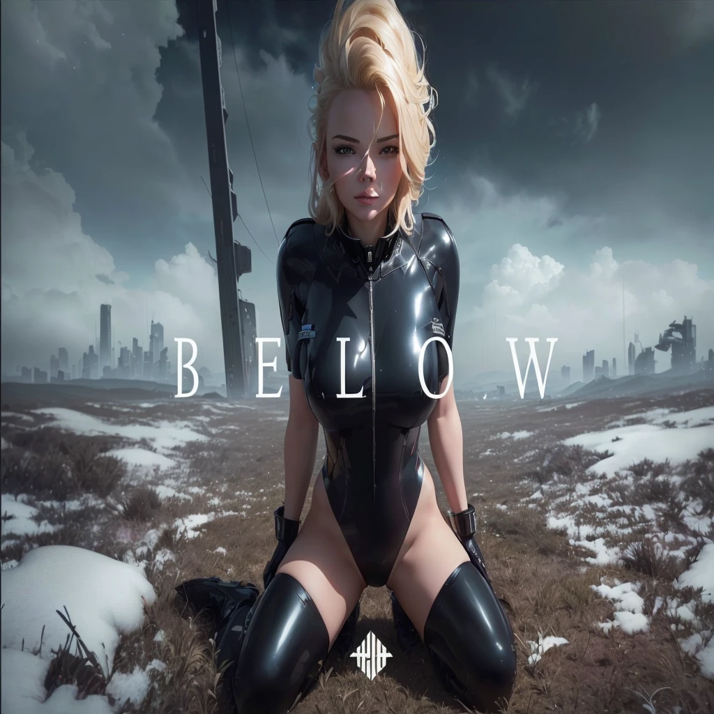 blonde woman in latex posing in a field with sky background, astronaut below, from low, yelena belova, anton fadeev 8k, below just empty dark cloud, por Boleslaw Cybis, city below, show from low, low vision, artgerm julie bell beeple, behind her there is a scary atmosphere