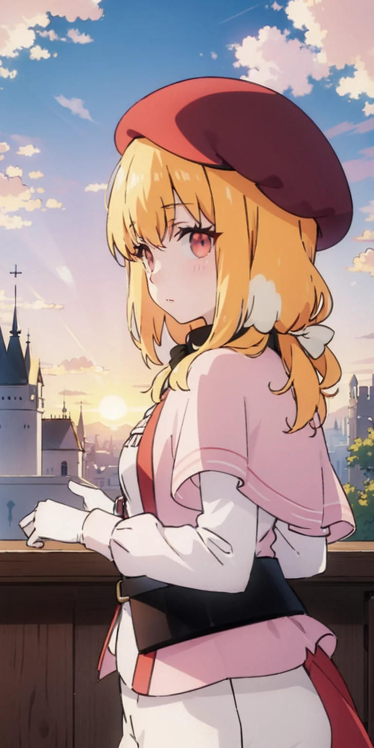 masterpiece, best quality, beret, pink capelet, pink tunic, white pants, brown gloves, upper body, sunset, gothic architecture, castle, clouds, looking at viewer, from side, shy