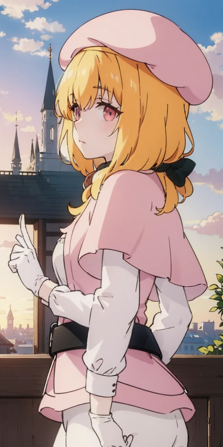 masterpiece, best quality, beret, pink capelet, pink tunic, white pants, brown gloves, upper body, sunset, gothic architecture, castle, clouds, looking at viewer, from side, shy