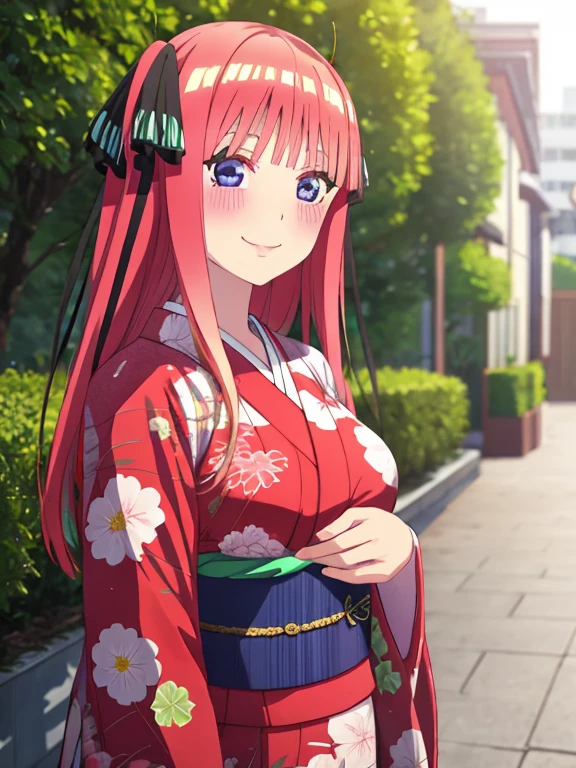 best quality, insanely detailed, nino nakano, kimono, breasts, blush, outdoor background, smile, pussy