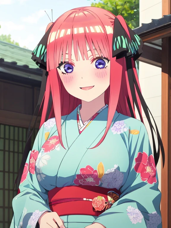 best quality, insanely detailed, nino nakano, kimono, breasts, blush, outdoor background, smile, pussy