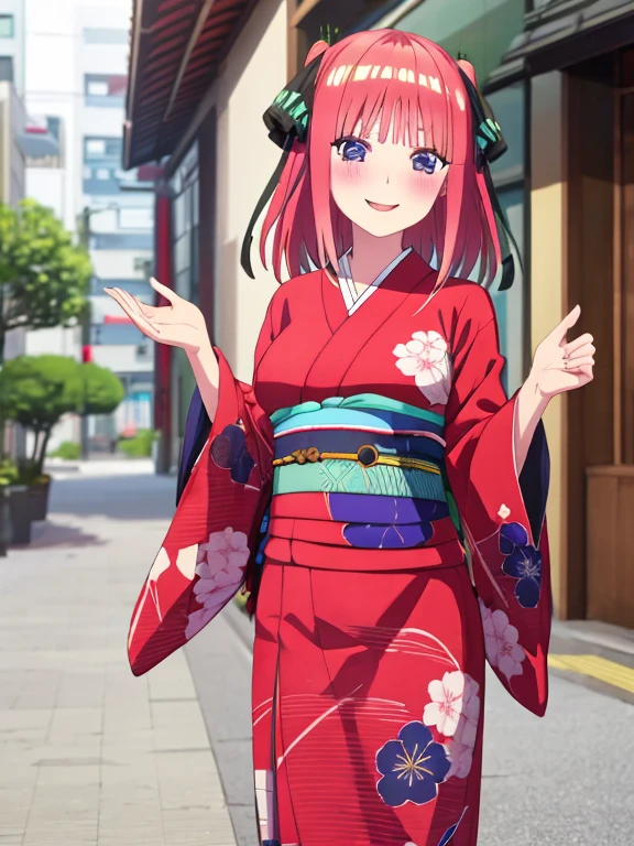 best quality, insanely detailed, nino nakano, kimono, breasts, blush, outdoor background, smile, pussy