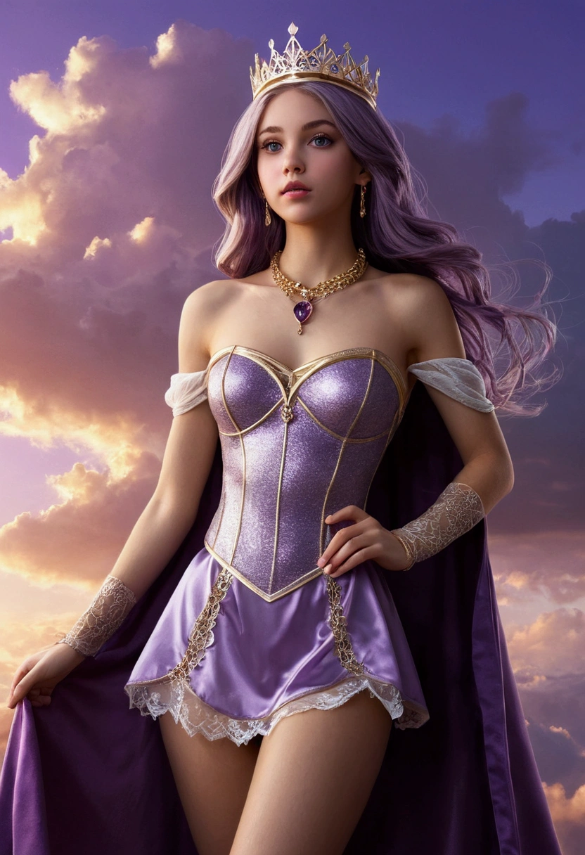 photorealistic, 1girl, ((slim body)), long hair, gradient hair, solo, detailed eyes, jewelry, bracelet, choker, small breasts, looking at viewer, realistic, necklace, (((purple princess))), long skirt, thigh highs, purple cape, sardine, lace, evening, sunlight, clouds, in the sky, clouds, realistic sun light,, detailed, upper body, sitting,naked