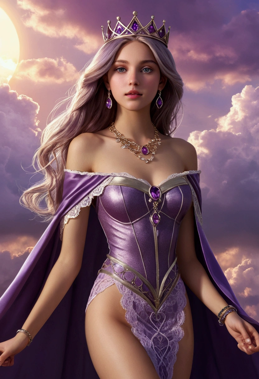 photorealistic, 1girl, ((slim body)), long hair, gradient hair, solo, detailed eyes, jewelry, bracelet, choker, small breasts, looking at viewer, realistic, necklace, (((purple princess))), long skirt, thigh highs, purple cape, sardine, lace, evening, sunlight, clouds, in the sky, clouds, realistic sun light,, detailed, upper body, sitting,naked