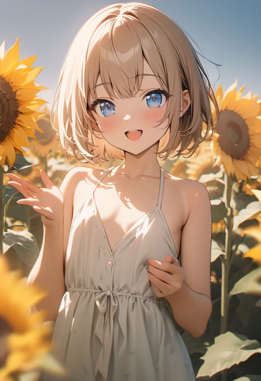 1 girl, 18yo, (flat chest: 1.5), blue eyes, light brown hair, bob cut, summer outfit, smile, open mouth, sunflower field, upper body, (various pose:1.5), bule sky, 8k, RAW photo, best quality, masterpiece, extremely detailed 8k wallpaper, ultra-detailed, best shadow, detailed background, beautiful detailed face, beautiful detailed eyes, nice hands, perfect hands