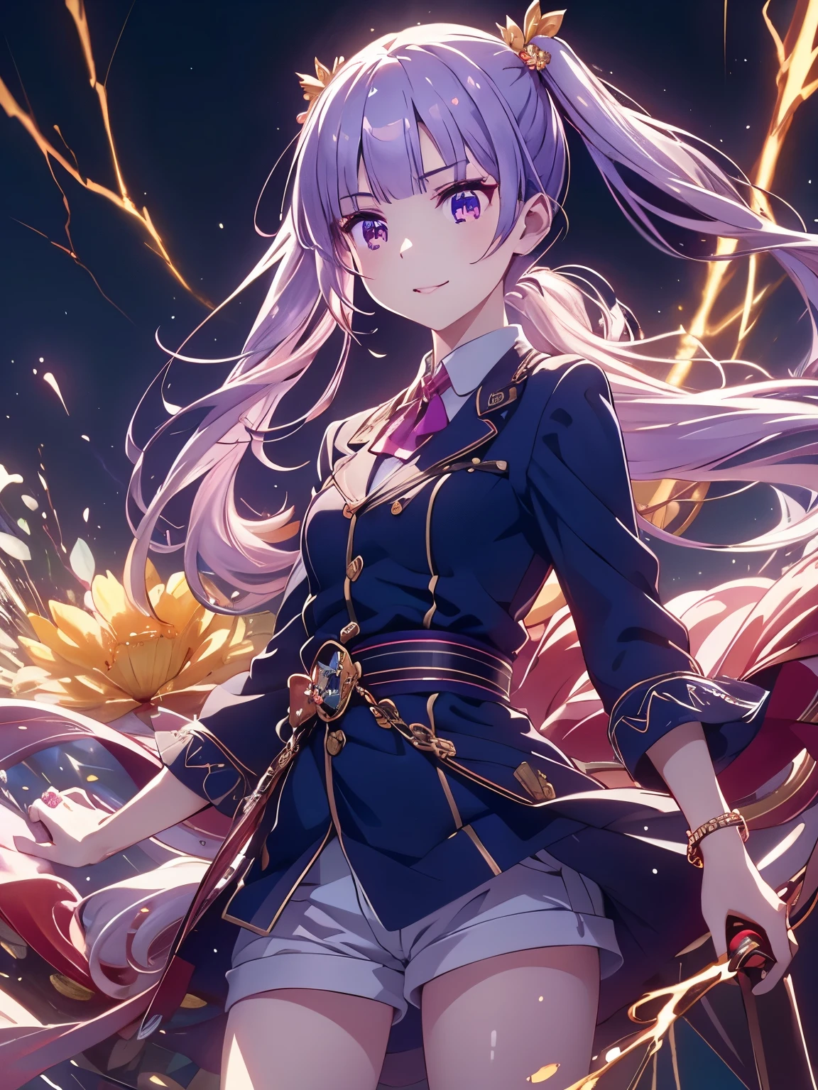 Highest quality,masterpiece,View your viewers,One girl,(colorful:1.3),(masterpiece:1.2), whole body、Highest quality, Qingye cool breeze, aoba suzukaze,  View your viewers, Eyebrow, hair ornaments, Long Hair, (Purple eyes:1.1), Purple Hair, Twin tails, smile、A shot of a girl with lightning, Thunderを放つ女の子のショット、Very detailed, Very detailed, Cinema Lighting,Absolute reference to center, Milky Quartz, jewelry, explosion, Electrical, lightning, Lens flare, Thunder, bracelet, chromatic aberration, Cowboy Shot、(Genuine、Realistic、Realistic)、Ultra-fine painting、Sharp focus、Physically Based Rendering,(Moe:1.10)、